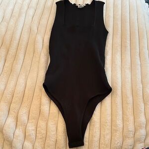 women’s black ribbed square neck bodysuit